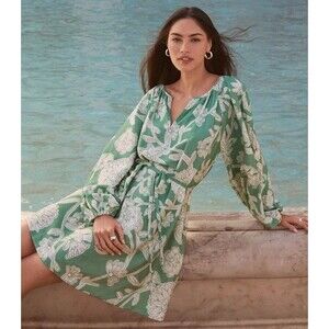Loft Green Floral Tie Waist Mini Dress Sz XL NWT Long Sleeve Gold Button Detail